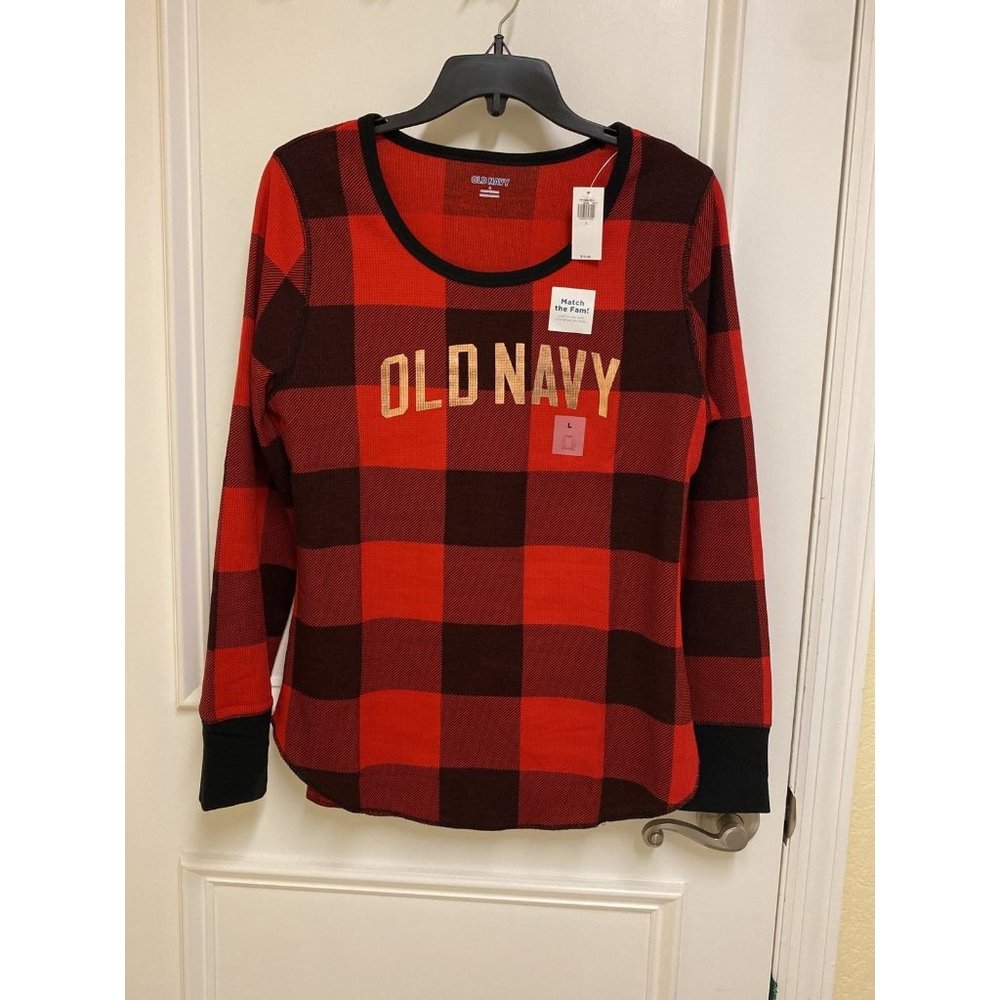 Old Navy Buffalo Plaid Thermal Waffle Knit Logo Pajama Lounge Top Large New